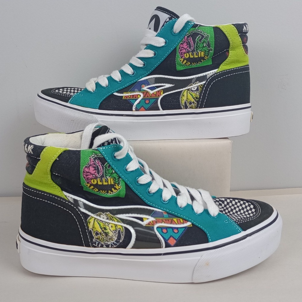 Airwalk Womens 7.5 Black Teal Graphic Skate Retro Lace Up High Top Sneakers